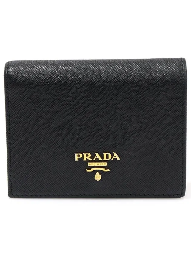 1MV204 Black Saffiano Leather Gold Lettering Flap Half Wallet