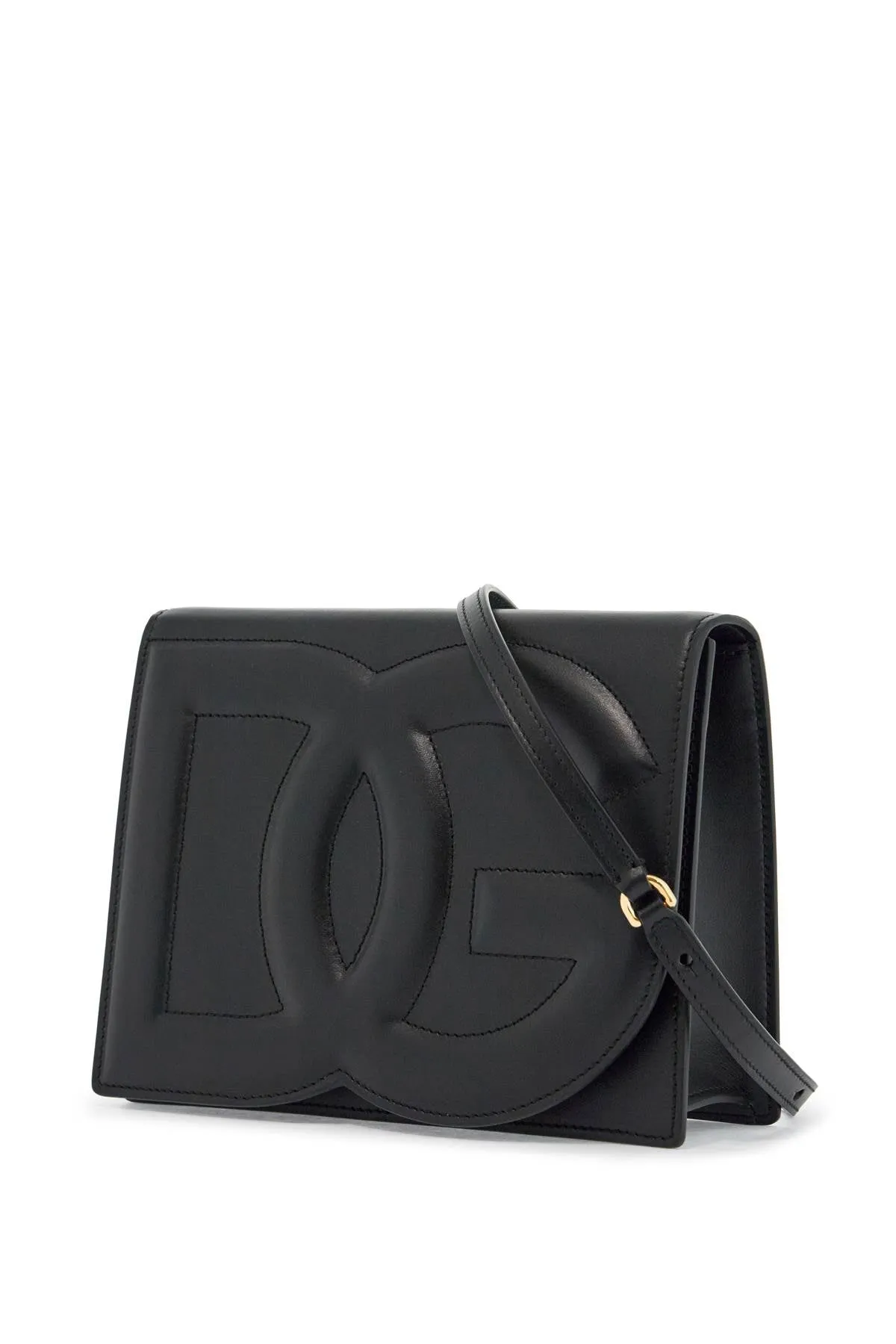 black calfskin shoulder bag with embossed logo and adjustable strap