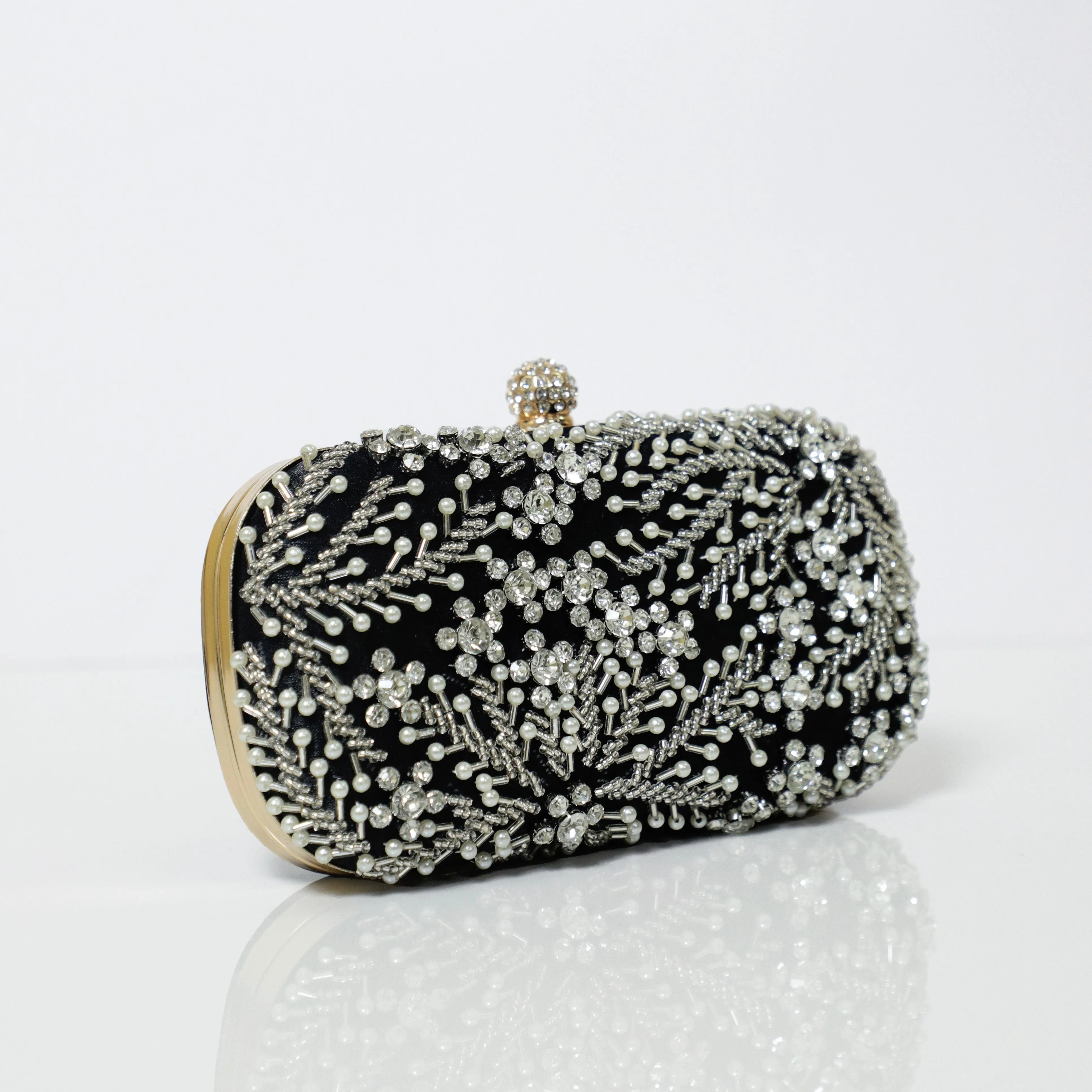 Black Crystal Embroidered Clutch with Detachable Sling