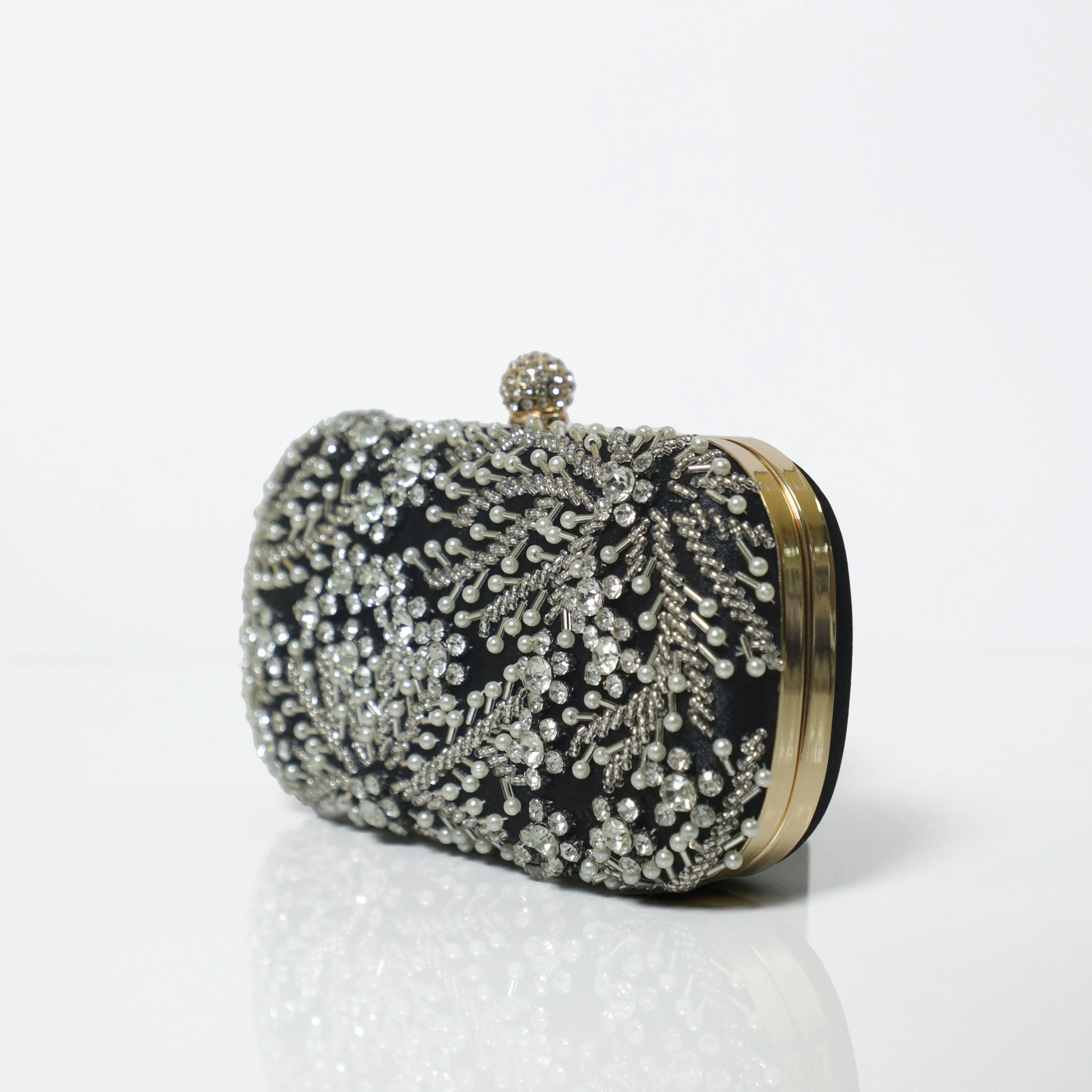 Black Crystal Embroidered Clutch with Detachable Sling