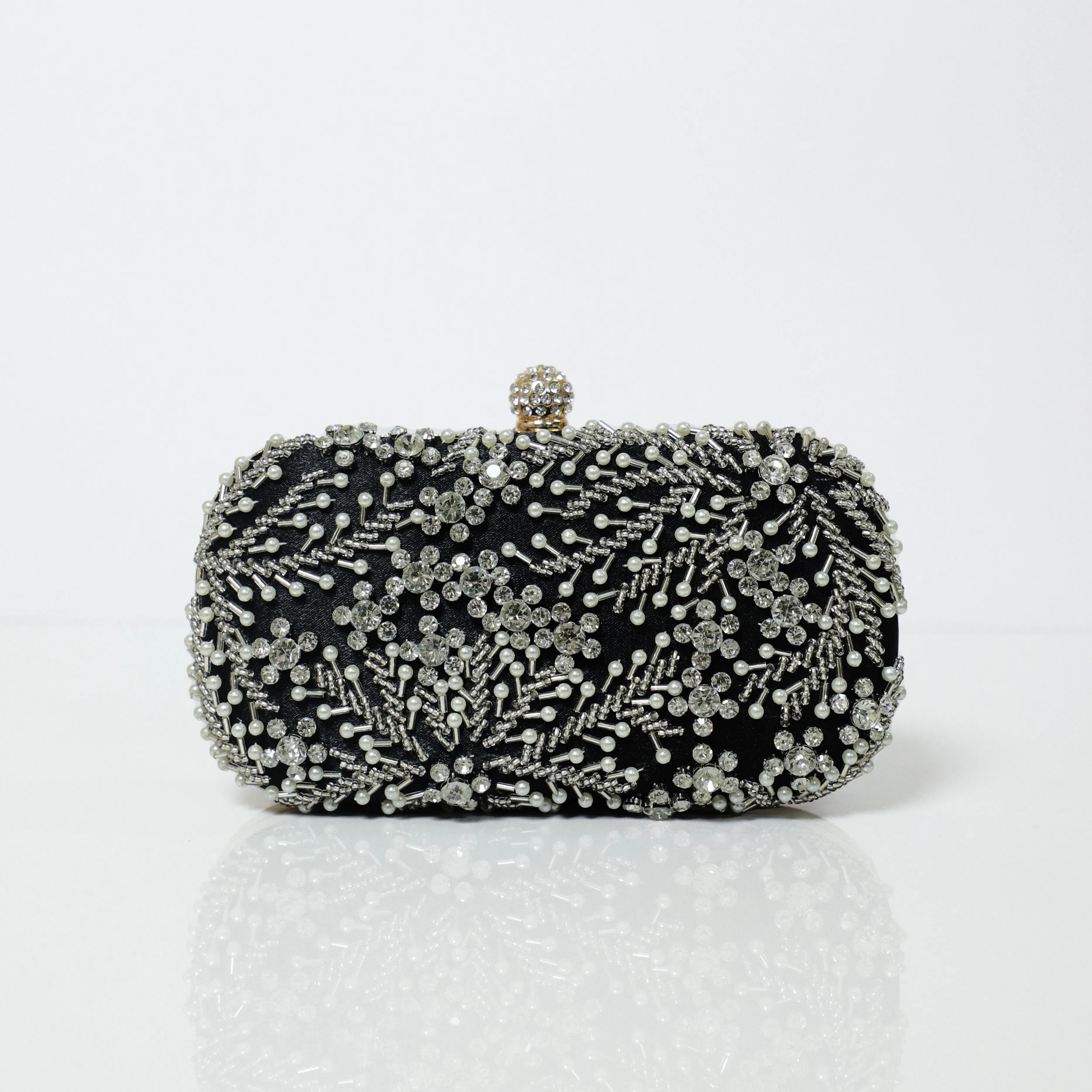 Black Crystal Embroidered Clutch with Detachable Sling