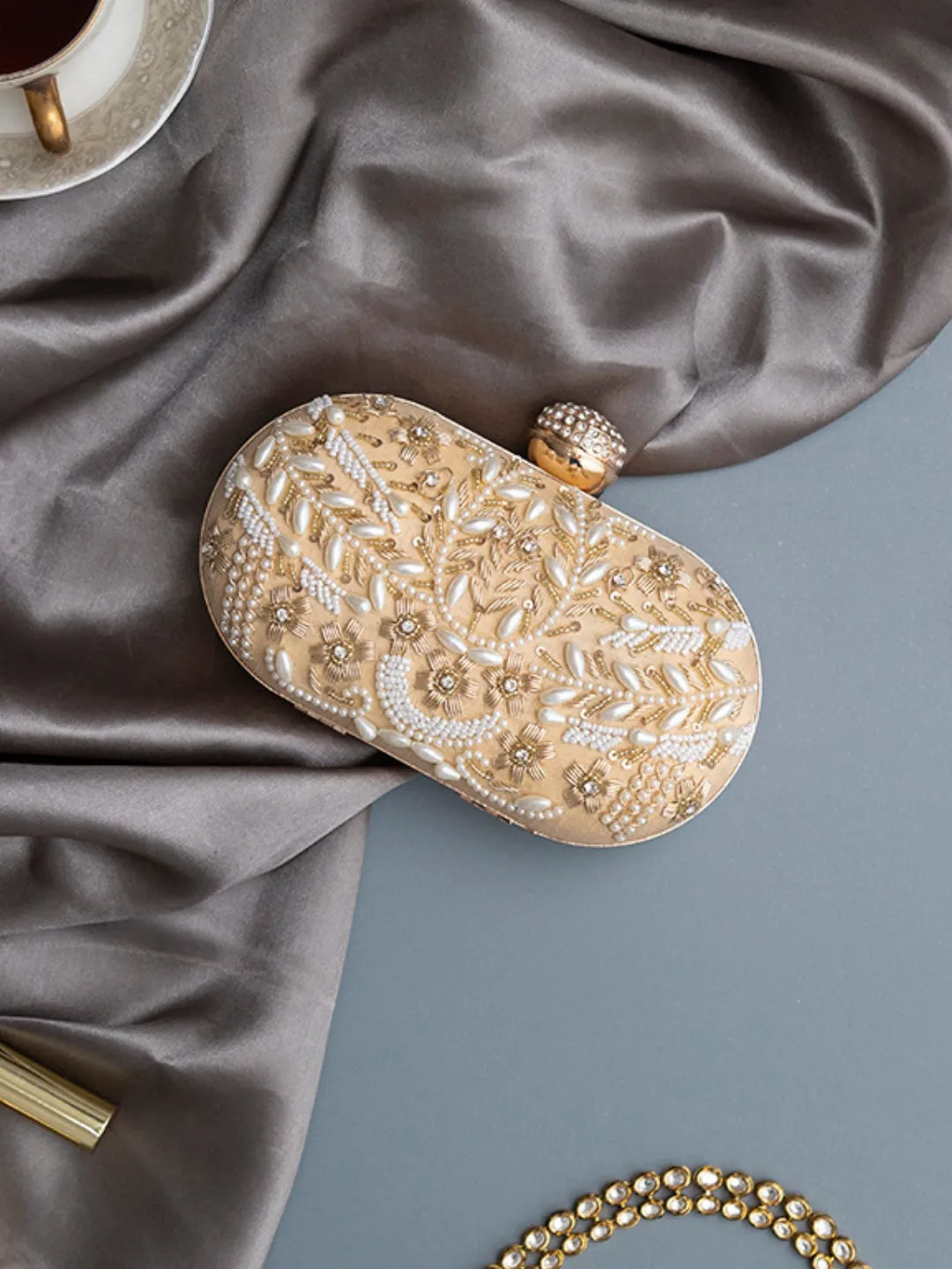 Elizah Gold Zardozi Hand Embroidered Clutch