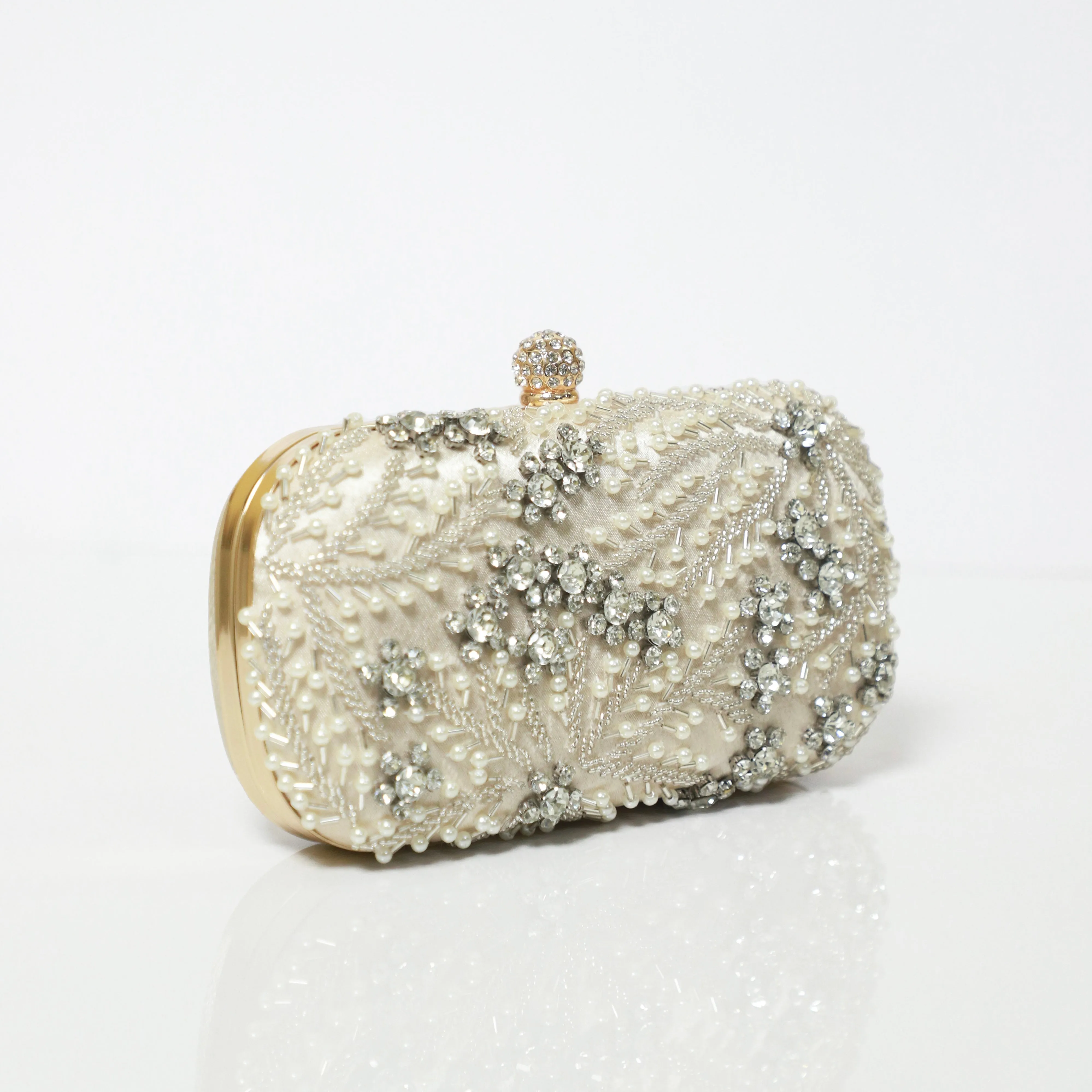 Ivory Crystal Embroidered Clutch with Detachable Sling