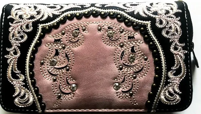 Ladies' Embroidered Pink & Black Zipper Wallet