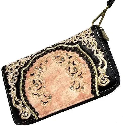 Ladies' Embroidered Pink & Black Zipper Wallet