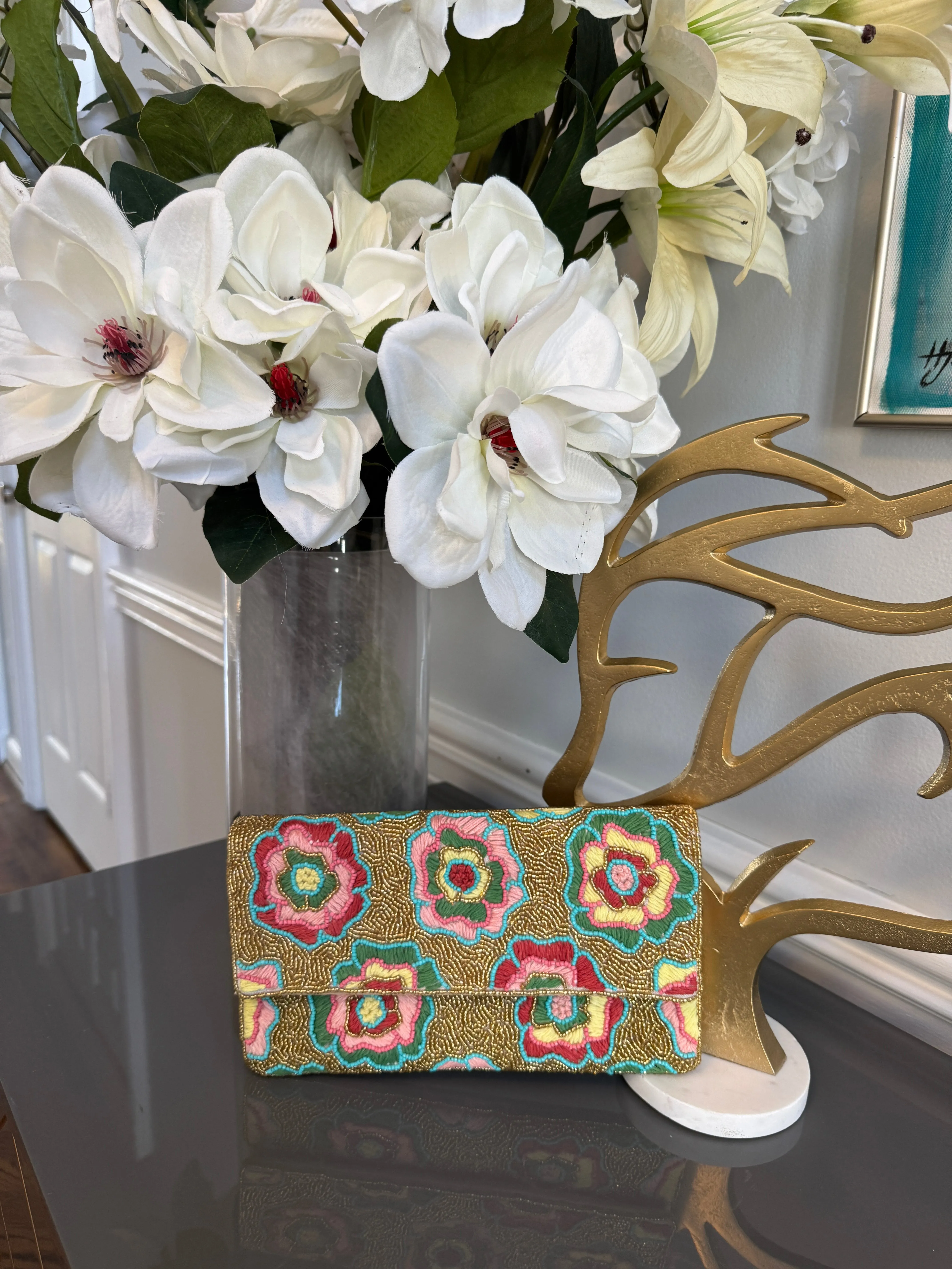 Multicolor embroidery flowers with Gold beading Clutch.