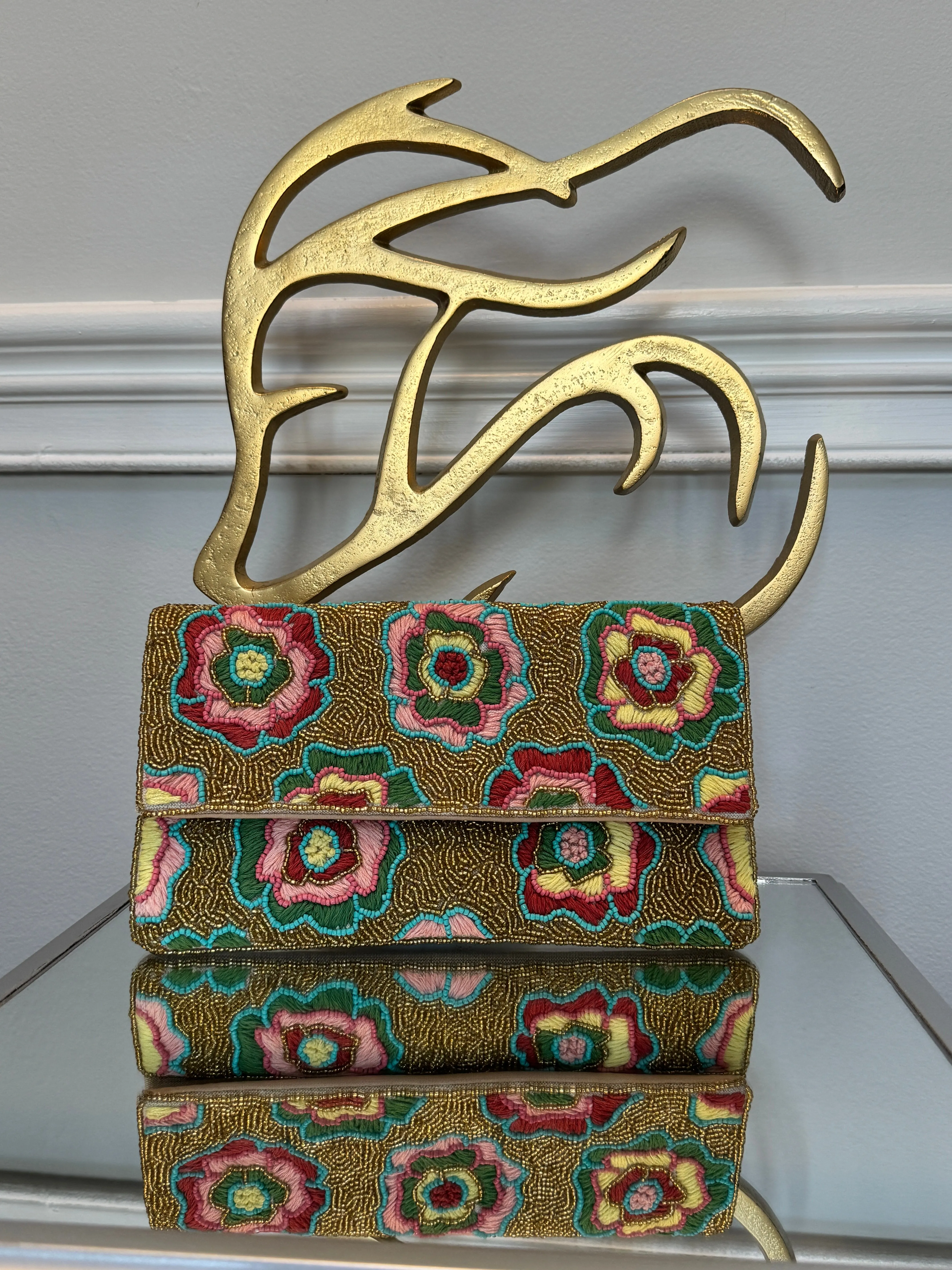 Multicolor embroidery flowers with Gold beading Clutch.