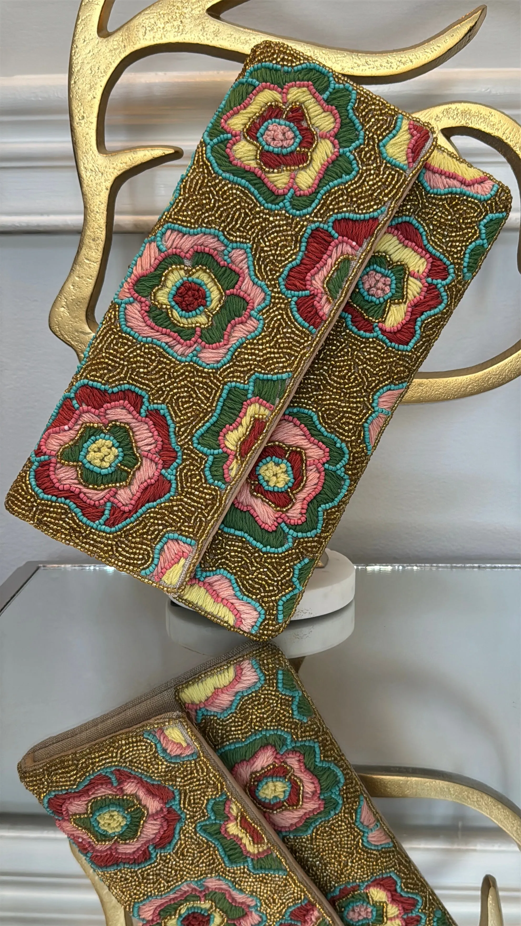 Multicolor embroidery flowers with Gold beading Clutch.