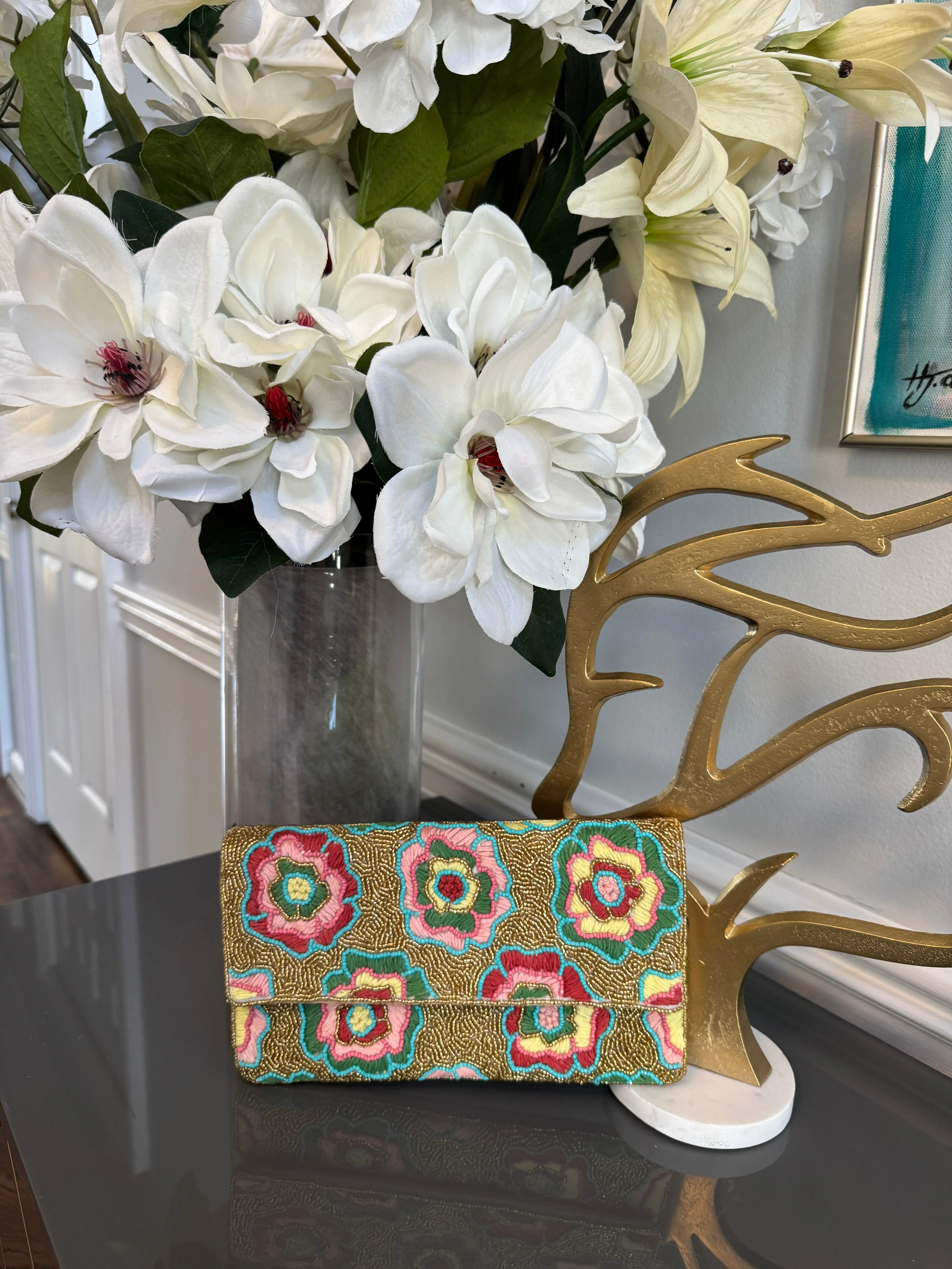 Multicolor embroidery flowers with Gold beading Clutch.