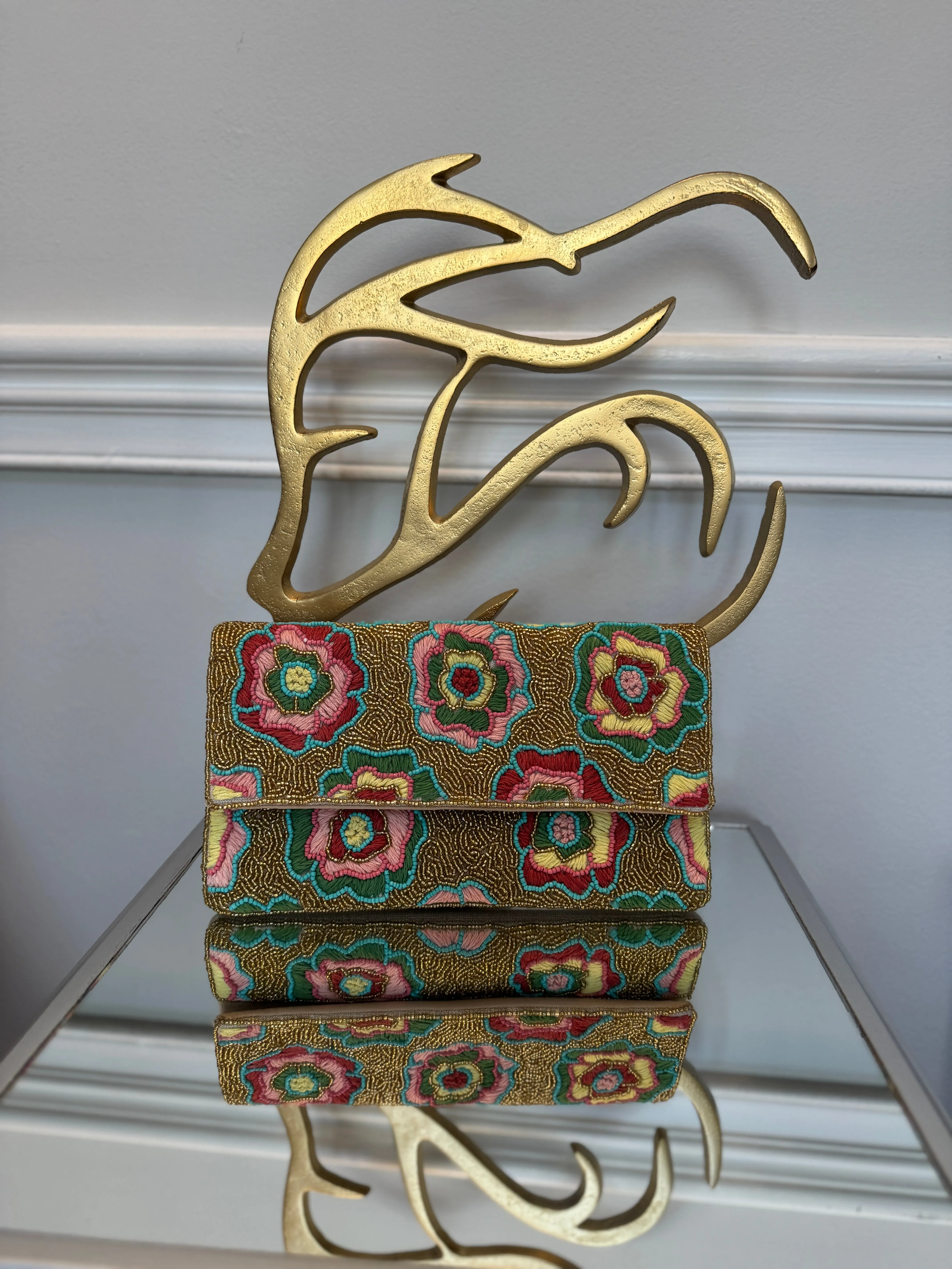 Multicolor embroidery flowers with Gold beading Clutch.