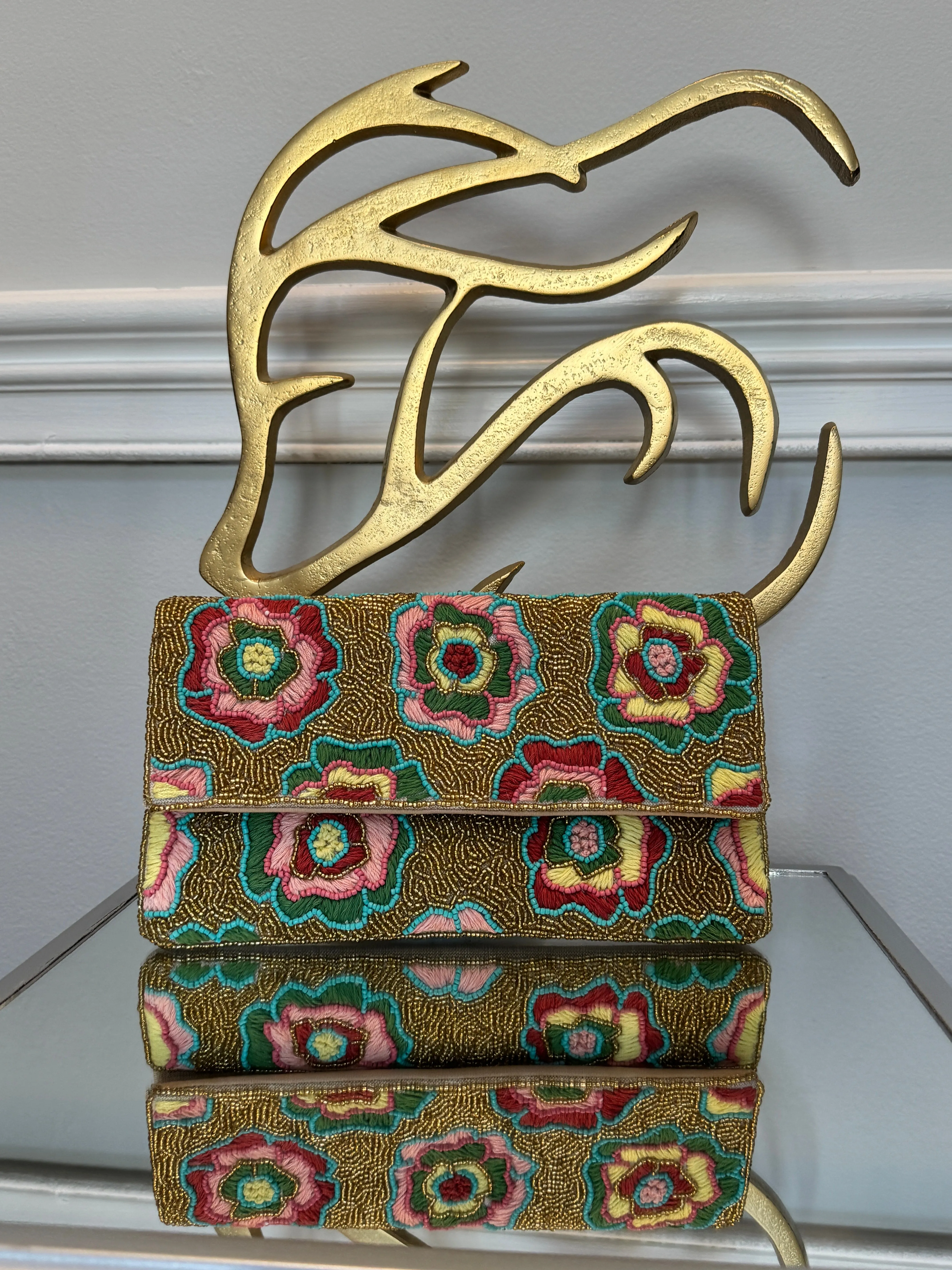 Multicolor embroidery flowers with Gold beading Clutch.