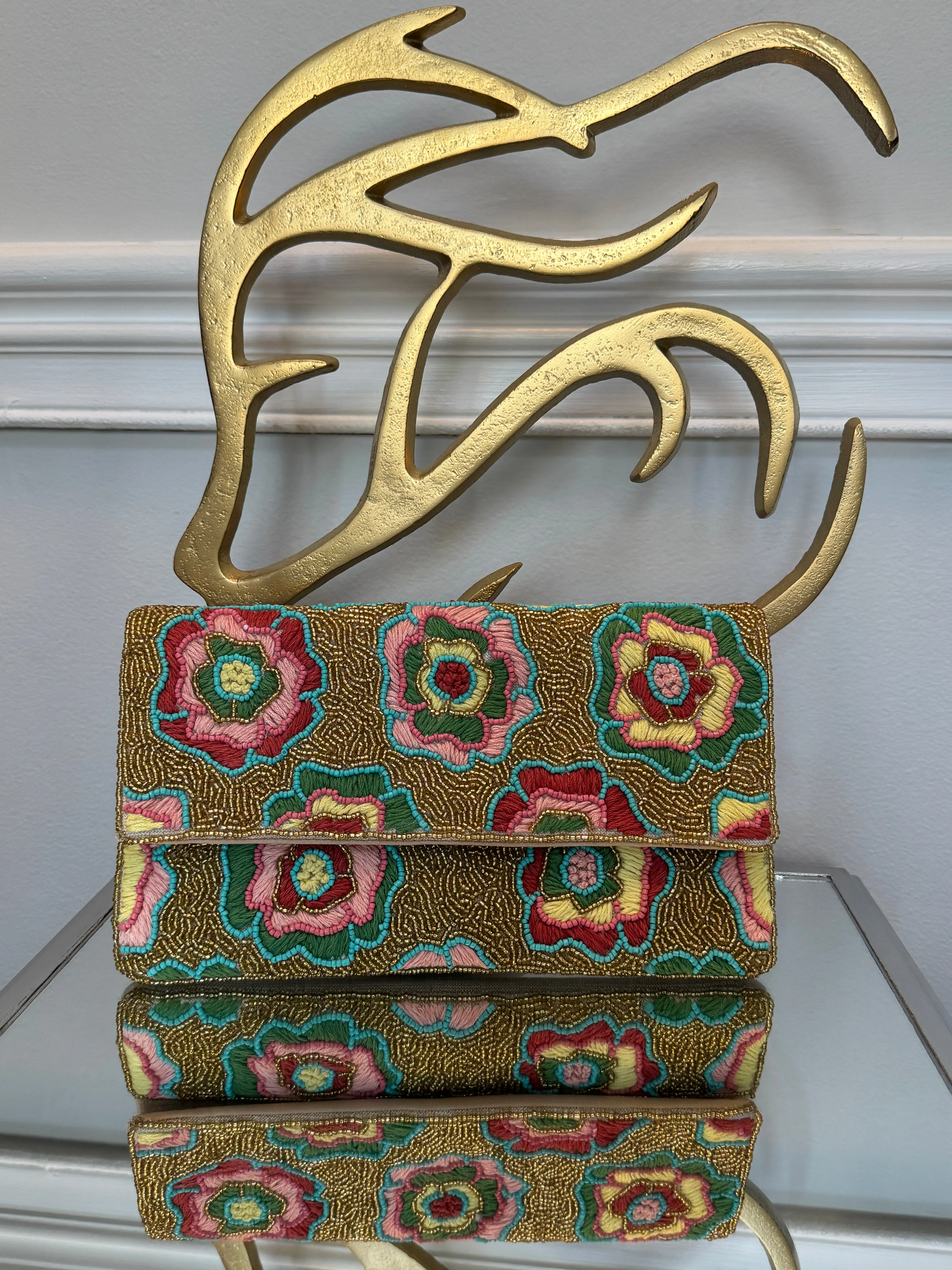 Multicolor embroidery flowers with Gold beading Clutch.