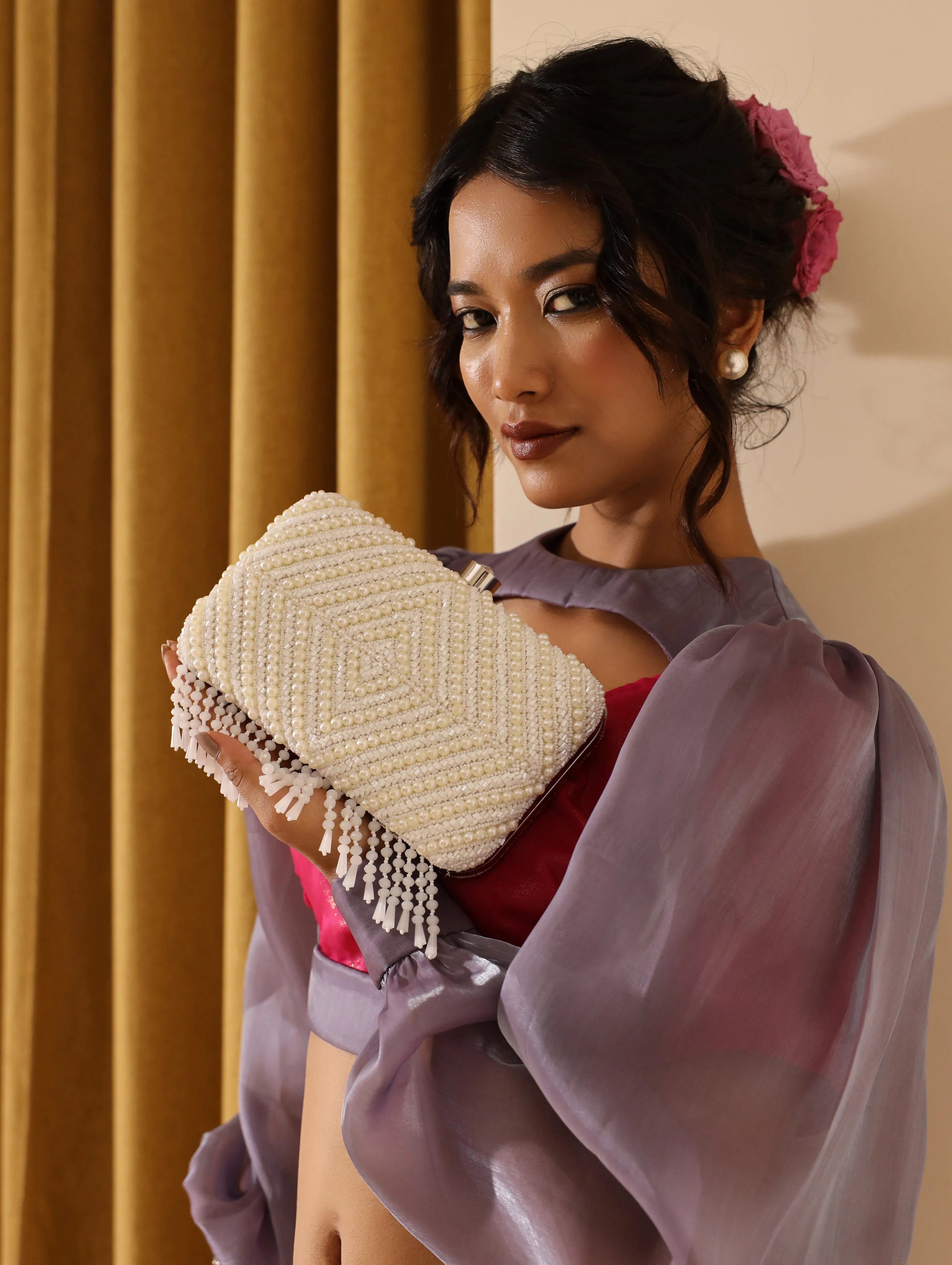 Pearly White Hand Embroidered Clutch