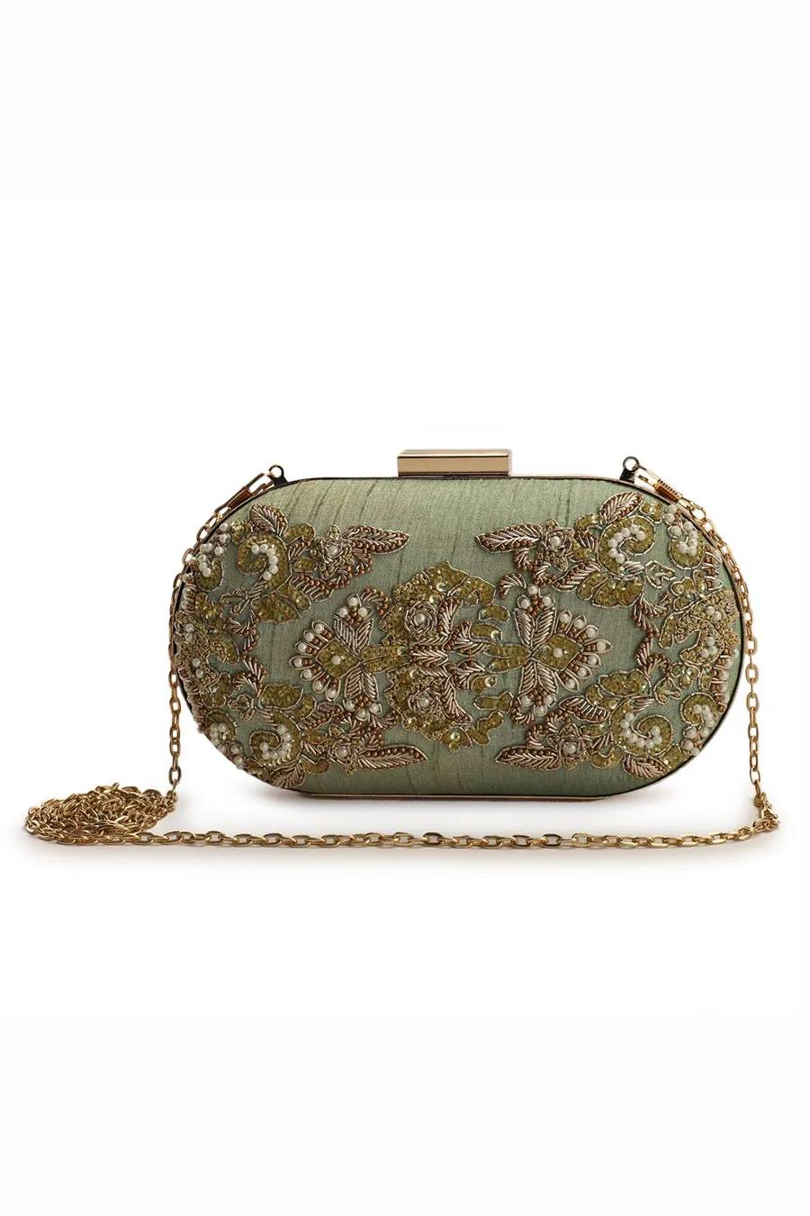 Pista Green Hand-Embroidered Clutch