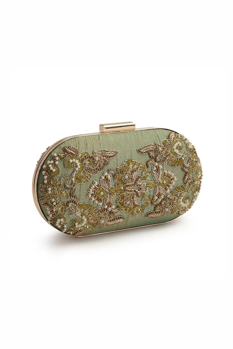 Pista Green Hand-Embroidered Clutch