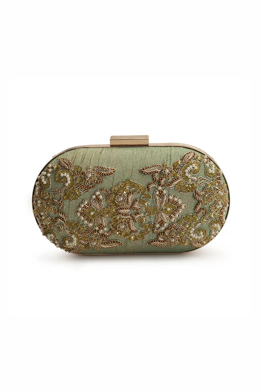 Pista Green Hand-Embroidered Clutch