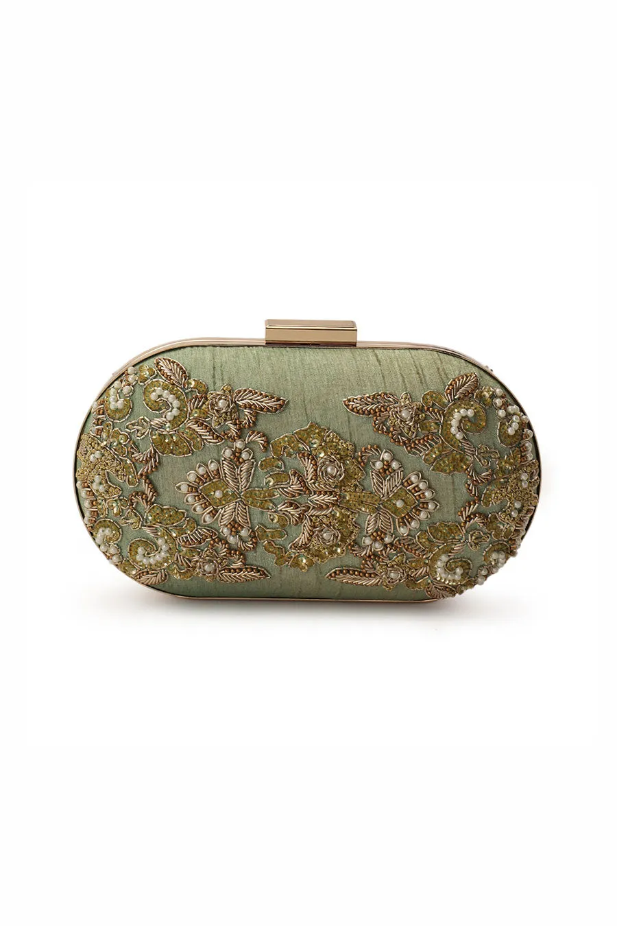 Pista Green Hand-Embroidered Clutch