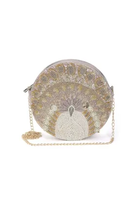 Silver Dancing Peacock Hand-Embroidered Clutch